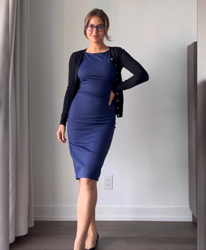 Image of Popilush Shapewear Dress Tummy Control Midi Work Dresses for Women Office Elegant Sleeveless Boat Neck Pencil Dress
