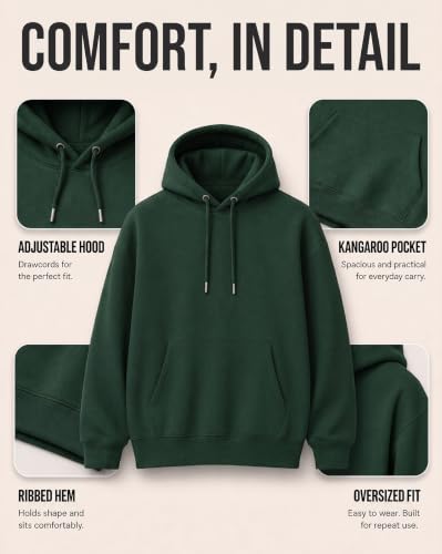 Image of Nobero Heavy Duty Oversized Solid Hoodie for Men | Hoodies for Men | Oversized Fit | Solid Colour | Thick Fleece Fabric | Drawstring Hood