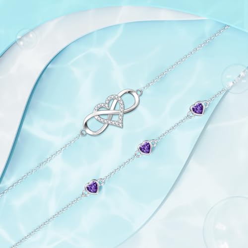 Image of Dorunmo 925 Sterling Silver Infinity Heart Birthstone Anklet Bracelets for Women Best Mother's Day Birthday Jewelry for Wife Girlfriend Mom Her