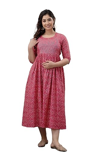 Image of The Moon Star Women's Cotton Floral Printed Anarkali Maternity Feeding Kurti | Breastfeeding Dress for Mothers | Zipper Feeding Kurti, Nursing Kurti, Comfortable and Trendy Maternity Wear