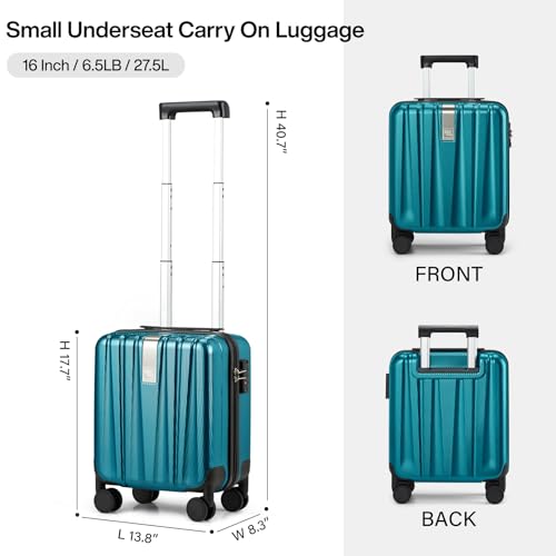 Image of Hanke 16 Inch Underseat Carry on Suitcases with Wheels,Lightweight Hard Shell Carry on Luggage with Wheels for Weekender,Travel Approved Small Suitcase,Travel Luggage for Womem Men,Caribbean Blue.