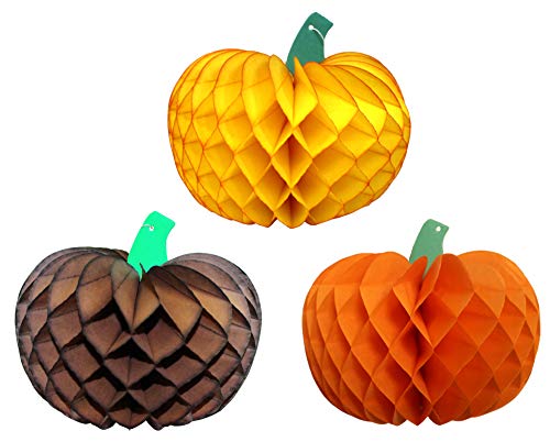 Set of 3 Fall Themed 10 Inch Honeycomb Paper Pumpkin Decorations (Gold, Orange, Brown)