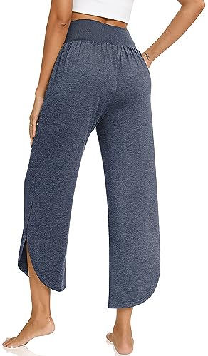Image of TARSE Women's Wide Leg Yoga Pants Cross High Waist Flowy Split with Pockets | Comfy Lightweight Stretch, Flare Hem Cropped, Loose Dance Pants, Travel & Lounge, Everyday Casual Wear