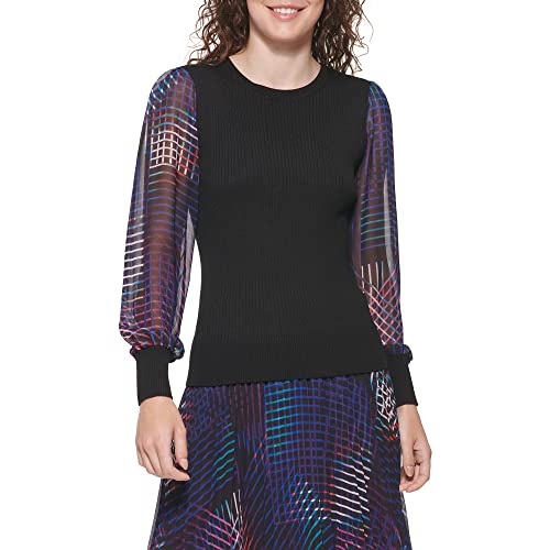 Dkny Women's Figure-Flattering Rib Cuff Sheer Sleeve Sportswear Sweater, Black/Black Multi, Medium #TOP23