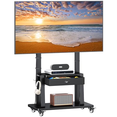 Mobile TV Stand on Wheels for 42-100inch LCD LED Flat/Curved Screen TVs,Rolling TV Cart with Drawer,2 Shelves Adjustable Height,Portable TV Stand Up to 330lbs for Indoor Outdoor Max VESA 600x900mm