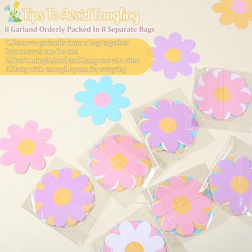 Image of Pasimy 8 Pcs Daisy Boho Party Decorations Groovy Daisy Paper Garlands White Flower Hanging Garland Banner Hippie Flower Cutouts for Birthday Shower Wedding Retro Party Favor(Fashion,Pastel)