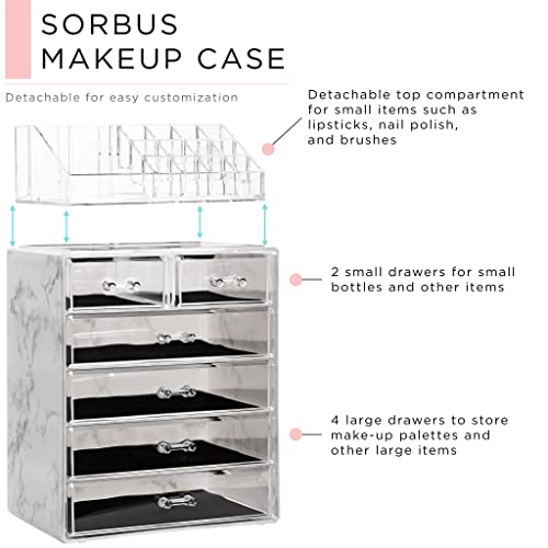 Image of Sorbus Acrylic Makeup Organizer Set, 6-Drawer Vanity & Countertop Cosmetic Storage with Small & Wide Compartments, Marble Print Makeup Storage for Brushes, Jewelry - Holiday Gift for Women & Teens