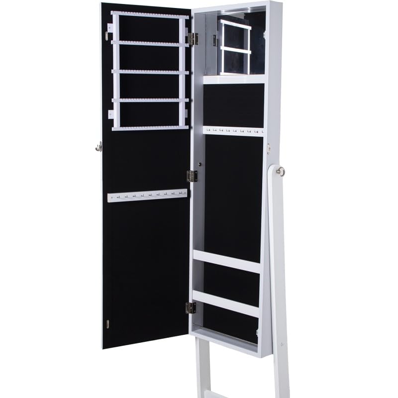 DRW Specchio portagioie da terra con porta in legno in bianco 40,5 x 38 x 161 cm, interno 26 x 110 cm