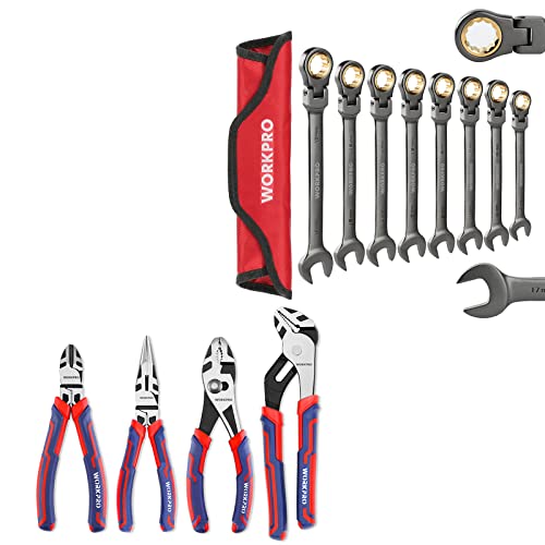 WORKPRO 8-piece Flex-Head Ratcheting Combination Wrench Set, Metric 9-17 mm, 72-Teeth and 4-Piece Pliers Set