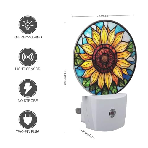 Image of Round LED Night Lights Lamp with Dusk to Dawn Sensor, Yellow Sunflower in The Center Night Light Plug Into Wall for Kids Room, Bedroom, Bathroom, Kitchen, Hallway