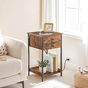 HOOBRO Nightstand with Charging Station Tall End Table with Storage Drawer Small Side Table for Small Space 262 Telephone Entryway Table for Bedroom Hallway Rustic Brown and Black BF72UBZ01