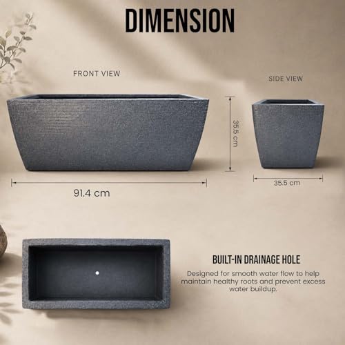 Image of Go Hooked Rectangular Leios Planter Pot 36x14 Inch | Grey Ribbed Design Plastic Flower Pot for Indoor Outdoor Garden Balcony Terrace Living Room | Decorative Long Plant Container with Drainage Hole