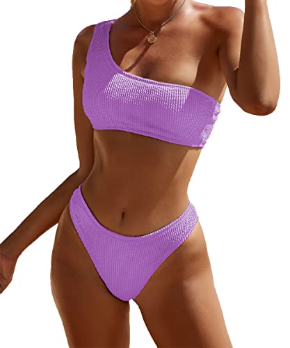 Image of YIMISAN Women's Ribbed Bikini Sets One Shoulder Top with Mid Waist Two Piece Bathing Suit