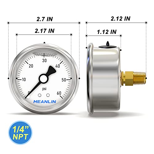 Image of MEANLIN MEASURE 0~60Psi Stainless Steel 1 /4 inch NPT 2.5 inch Single Scale FACE DIAL, Glycerin Filled Pressure Gauge, Pool Sand Filter, Back Mount, with 1 /2 inch NPT and 3 /8 inch NPT Hex Bushing