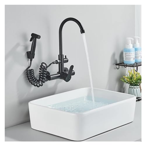 Robinet de cuisine noir mat mural avec pistolet de pulvérisation orientable
