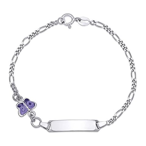 UNICORNJ Childrens Sterling Silver 925 ID Bracelet Figaro Chain Cute Butterfly with Purple Enamel 6.5" Cover