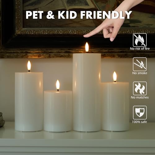 Image of White Flameless Pillar Candles, Battery Operated Wax Candles with Remote, Flat Top Flickering Flameless Candles, LED Candle for Home, Wedding, Party Decor, Set of 4, Φ 3 inch H 4 inch 5 inch 6 inch 8 inch