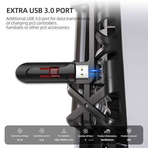 Image of Cooling Fan with LED Light for PS5 Slim, Quiet Cooling System Accessories for Playstation 5 Slim Disc and Digital Editions, Compatible with Horizontal Stand For Gaming Console
