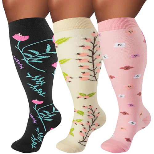 Image of Plus Size Compression Socks for Women & Men 3 Pairs, Wide Calf Extra Large 20-30 mmHg Knee High Support Socks for Travel, Running, Nurse