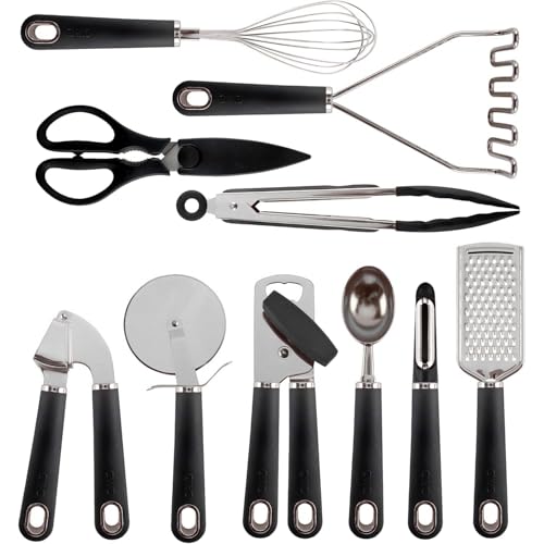 Image of COOK WITH COLOR Kitchen Gadget Set Stainless Steel Utensils with Soft Touch Handles, 7 Pieces, Stainless Steel Black