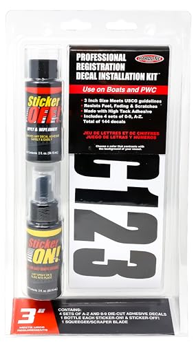 Image of Hardline Products USA Series 350 Factory Matched 3-Inch Boat Registration Kit - Solid Black- Complete 4-in-1 Marine Decal Set with Adhesive Remover & Application Fluid for Boats & PWCs