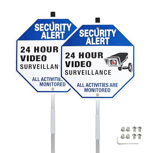 iobiotio Security Alert 24 Hour Video Surveillance Sign All Activities Monitored, Rustproof Aluminum Sign with 27¡± Stake, Reflective Metal Sign, CCTV Warning Sign Outdoor, Blue, 10 x 10 inch, 2 Pcs