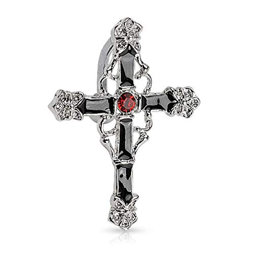 14G Black Enamel Colored Cross with Red Gem Center Rhodium Plated Top Drop Navel Belly Ring