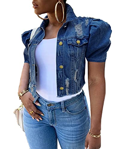 Paodikuai Women's Casual Puff Sleeve Frayed Slim Cropped Denim Jean Jacket (Dark Blue Short Sleeve,Medium) #TOP1
