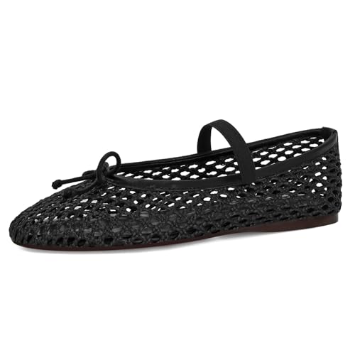 Image of ZJGZF Woven Ballet Flats for Women Cute Raffia Mary Janes Bow Elastic Strap Summer Straw Comfortable Casual Dressy Shoes