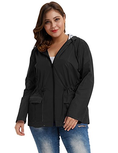 Plus Size Women Lightweight Waterproof Long Sleeve Hooded Rain Coat Black 1X
