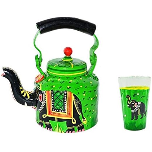 GOELX Painted Elephant Designer Aluminium Tea/Coffee Kettle with Glass for Home Decor, Capacity-1 L (Green)