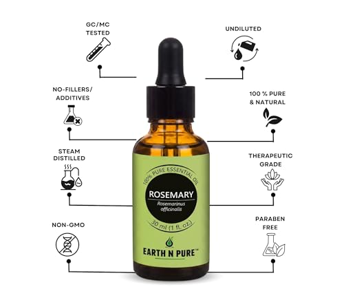Image of Earth N Pure Rosemary Essential Oil | 100% Pure, Natural & Undiluted | Steam Distilled Rosemary Oil for Hair, Scalp, Skin, Aromatherapy & Diffuser | Vegan & Cruelty-Free | 30ml