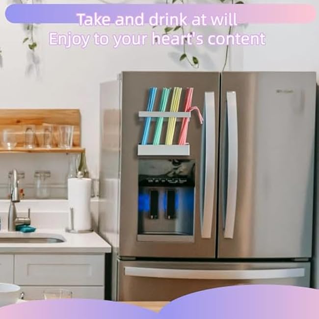 Magnetic Straw Holder for Cabinet, Metal Straw Organizer with Double Sided Adhesive Tape, Reusable Tumbler Straws Storage Dispenser for Fridge Kitchen Counter Cupboard Door(White)
