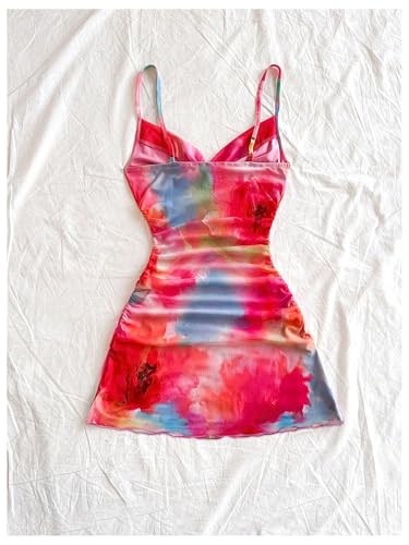 Women's Y2k Floral Tie Dye Cami Dress Vacation Summer Mesh Ruched Spaghetti Strap A Line Mini Dresses2