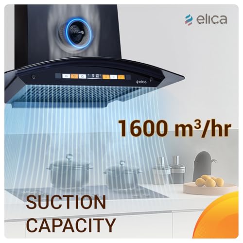 Image of Elica 60cm 1600 m3 /hr Filterless Autoclean Curved Glass Kitchen Chimney|15 Yrs Motor & 5 Years Comprehensive Warranty|Black | Orange Touch Control Panel+Motion Sensor| WD HS ORG FL 600 HAC LTW MS NERO