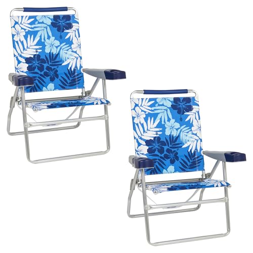Image of Rio Beach 4-Position High Folding Beach Chair with Cup Holder, Arms, Bottle Opener, and Carry Strap, 15 inch H Outdoor Portable Camping Chair, Supports up to 250 lbs., Blue