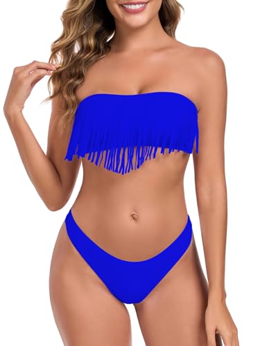 RELLECIGA Bikini bandeau à franges taille basse pour femme - Maillot de bain brésilien deux pièces, bleu royal, Taille L