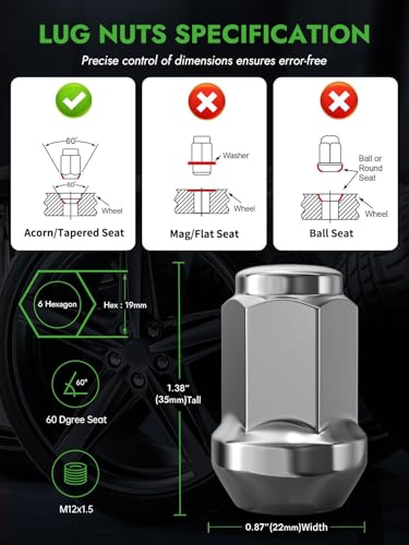 Image of AUTOPTIM M12x1.5 Lug Nuts - Replacement for Ford Fusion Focus Escape, Chevy Equinox Malibu, Jeep Compass Patriot, Honda Accord Civic, Sonata Elantra Aftermarket Wheel, 20PCS Chrome Closed End Lug Nut