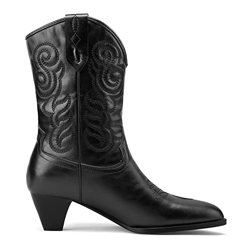 Image of Womens Embroidered Cowgirl Boots Pull On Cowboy Boots for Women Floral Low Chunky Heel Western Boots
