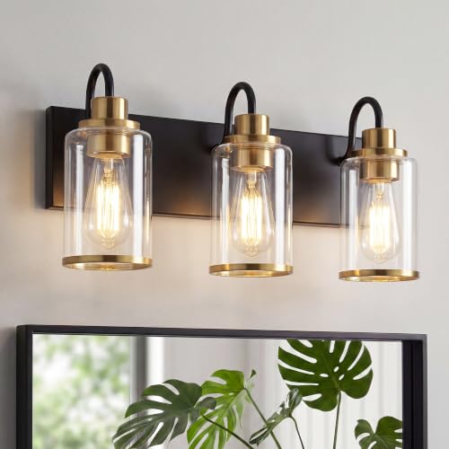 Image of Beionxii 3-Light Bathroom Light Fixtures, Blac and Gold Vanity Lights with Clear Glass Shades, Vanity Lights Over Mirror, Wall Sconces for Kitchen Living Room Hallway Cabinet Porch, BX-VL01BKG-3CG