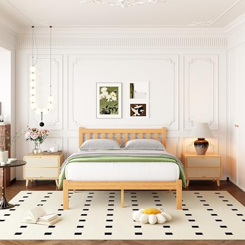 Image of ZIYOO Queen 14 in High Bamboo Bed Frame with Headboard, No Box Spring Needed, Metal Slat Support, Easy Assembly
