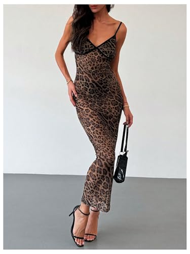 Image of BEAUDRM Women's Sexy Cheetah Sheer Dress Y2K Mesh Leopard See Through Bodycon Maxi Dress Going Out Date Party Rave Clubwear