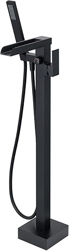 Llenador de bañera independiente de montaje en piso, grifo de bañera de alto caudal, relleno de baño en cascada, grifo de baño negro mate con ducha