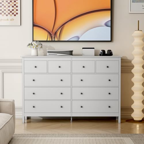 wanan 10 Drawer Dresser, 55\" Modern White Dressers Chests of Drawers, 10 Drawers Wide Dresser for Bedroom, Living Room