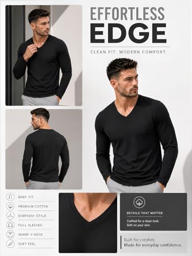 Image of Friskers Men's V-Neck Full Sleeves T-Shirt Blended Cotton with Elastane