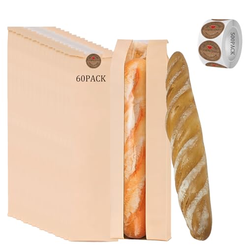 PEOKPIPLE Bread Bags for Homemade Bread with 500 Labels 60-Pack 4.5 x 2.5 x 16 Inch Paper Bags for Bread with Clear Window Bakery Gift Packaging for Baguette Sourdough Storage