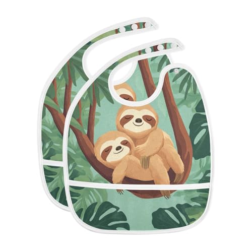 MCHIVER Sloth Leaves Teal Baby Bibs for tag1 Waterproof Feeding Bib Apron with Food Cather Adjustable Cotton Food Eating Bib 2 Pack