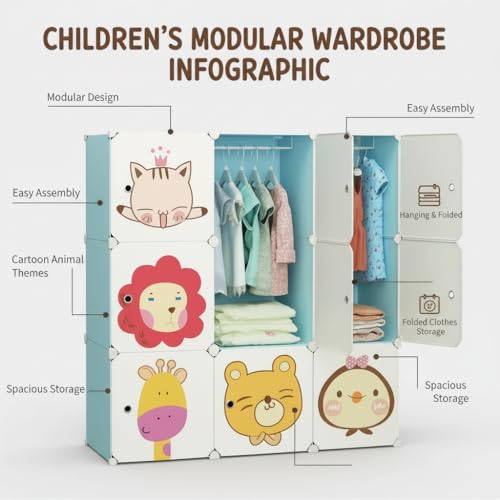 Image of Owme Collapsible Wardrobe for Clothes - DIY 9 Door Plastic Almirah for Clothes with Doors | Side Hanger, Foldable Wardrobe for Storage for Home | Storage Organizer for Clothes - Blue
