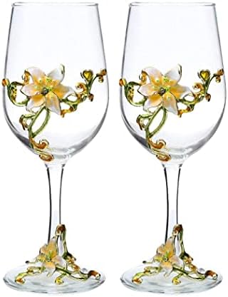 Handmade Painted Enamel Flower Gin Balloon Glass Wine Glass Birthday Gifts for Women Mum Friends Mothers Day, Lead-Free (Blue Lily)