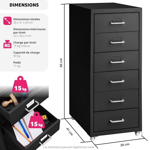 Caisson bureau métallique 4 roulettes noir TecTake